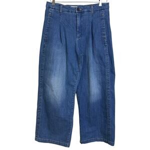 Anthro Pilco Wide Leg Jeans Womens 31 Blue Denim Pleated Baggy Pants Culottes